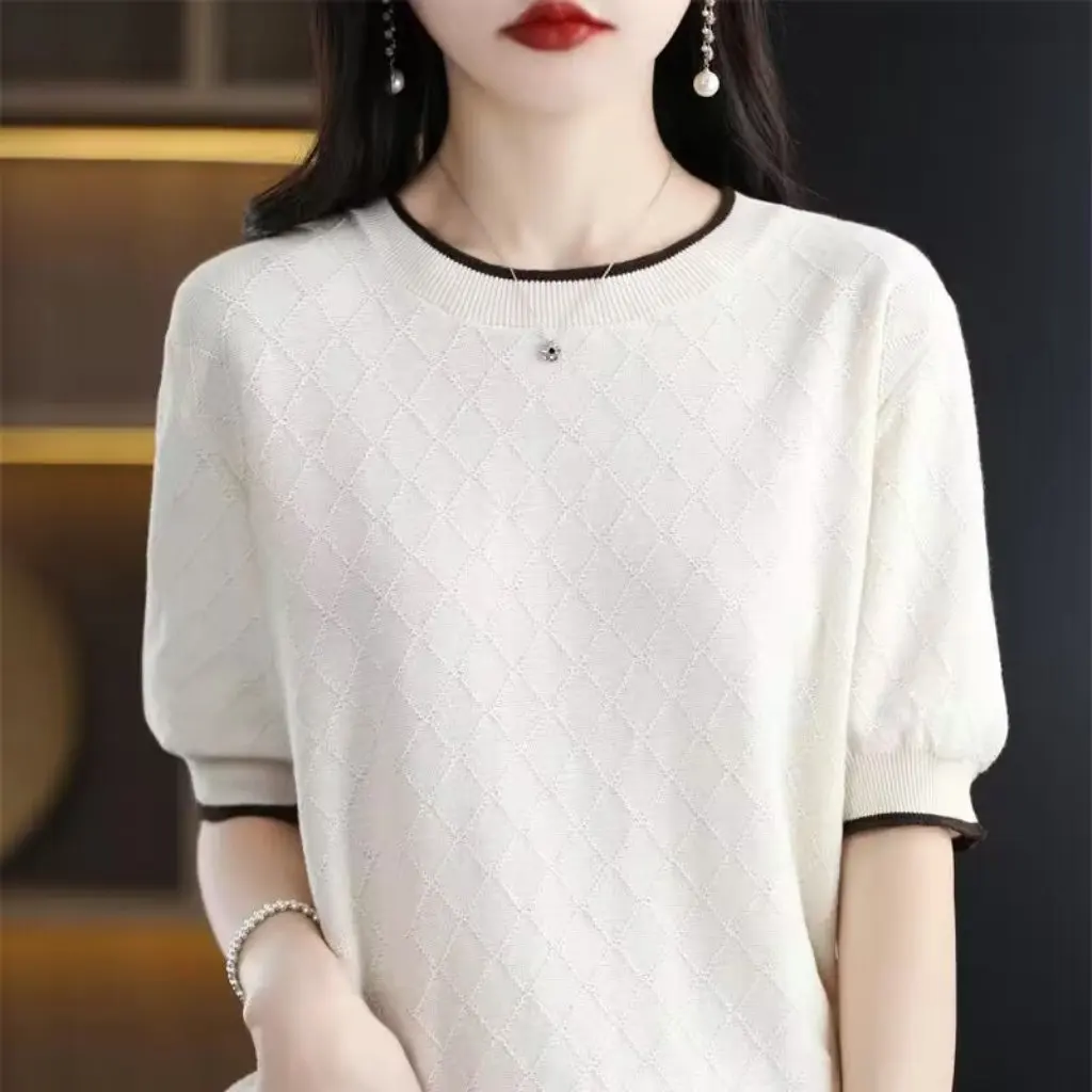 Women's Pure Cotton Knitted T-shirt round Neck Short-Sleeved Color Matching Loose Top All-Match Summer
Women's Pure Cotton Knitted T-shirt round Neck Short-Sleeved Color Matching Loose Top All-Match Summer