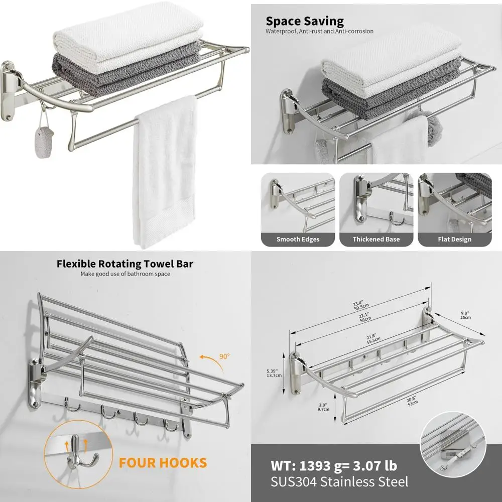 24 Inch Brushed Nickel Towel Rack, Wall Mounted Bathroom Towel Shelf with Foldable Bar and Hooks, Multi-Functional Storage Solut
24 Inch Brushed Nickel Towel Rack, Wall Mounted Bathroom Towel Shelf with Foldable Bar and Hooks, Multi-Functional Storage Solut