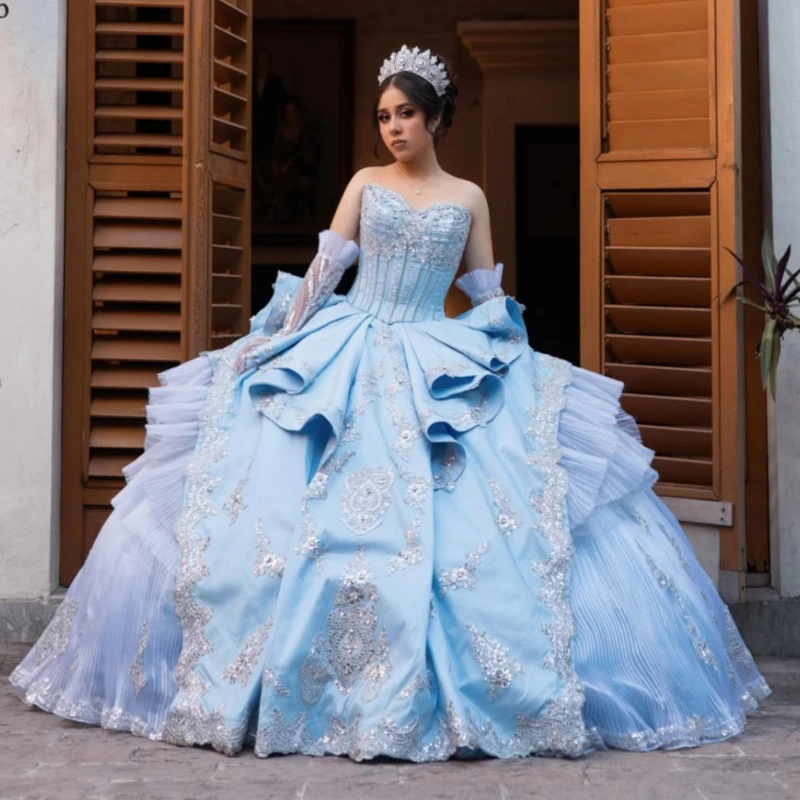 Light Blue Shiny Ball Gown Quinceanera Dresses Applique Lace Beading Crystal Tiered Tull Corset Off The Shoulder Sweet 16 Dres
Light Blue Shiny Ball Gown Quinceanera Dresses Applique Lace Beading Crystal Tiered Tull Corset Off The Shoulder Sweet 16 Dres