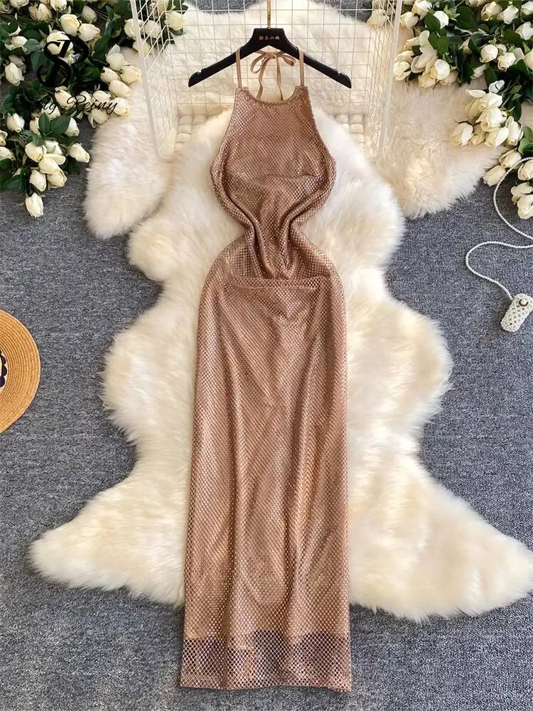 Sequins Mesh Shiny Dress Summer Backless Bodycon Curve Lace Up Slit Retro Feminine Halter Sexy Luxury Party Long Dress
Sequins Mesh Shiny Dress Summer Backless Bodycon Curve Lace Up Slit Retro Feminine Halter Sexy Luxury Party Long Dress
