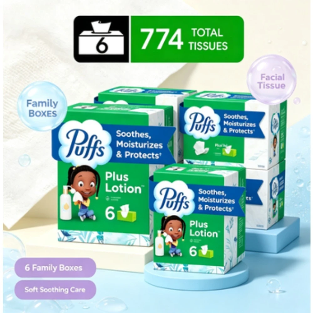 Puffs Plus Lotion Facial Tissue, 6 Family Boxes, 124 Tissues Per Box, Infused with soothing lotion to prevent nose irritation during colds and allergies, ultra-soft gentle disposable tissues for daily household and personal use
Puffs Plus Lotion Facial Tissue, 6 Family Boxes, 124 Tissues Per Box, Infused with soothing lotion to prevent nose irritation during colds and allergies, ultra-soft gentle disposable tissues for daily household and personal use