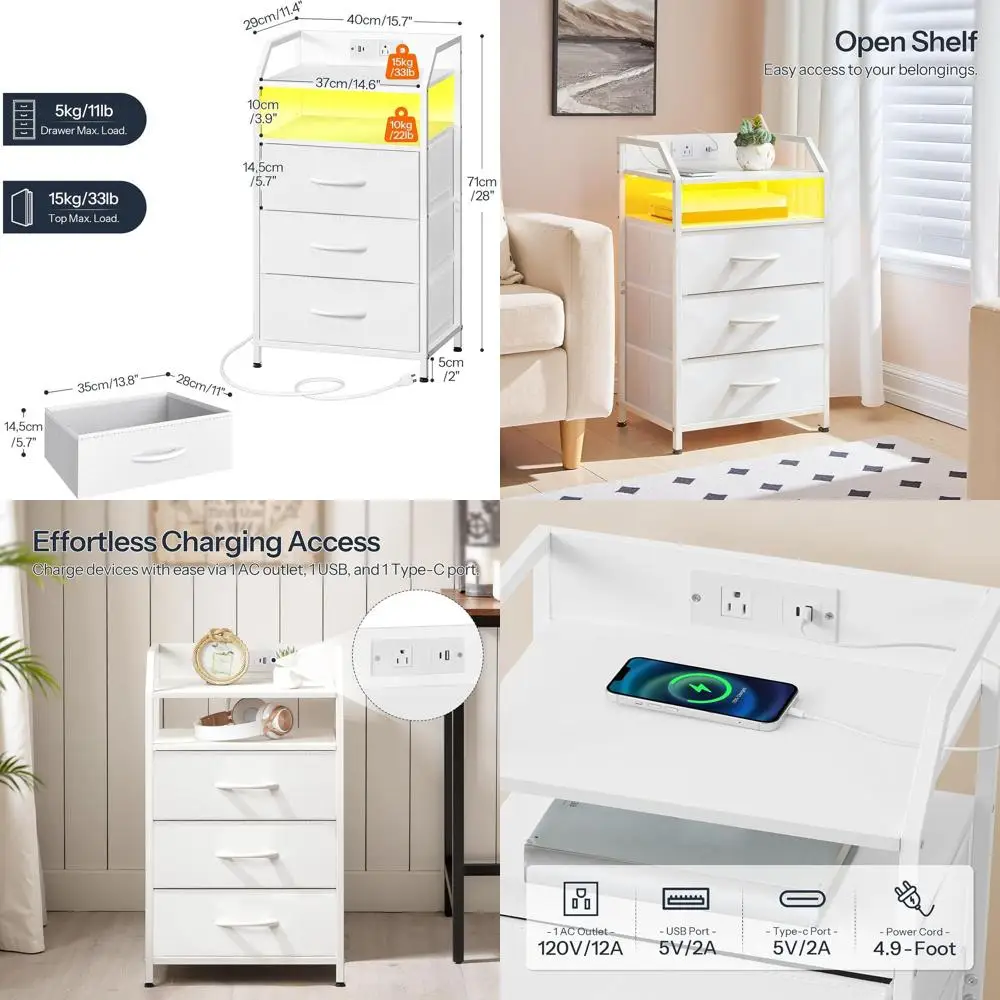 Bedside Table with Charging Station, LED Light Strip, and 3 Drawers, White
Bedside Table with Charging Station, LED Light Strip, and 3 Drawers, White