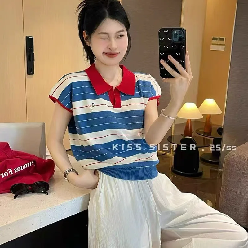 Summer Fashion Embroidery Striped Turn-down Collar Top Pullovers Women Vintage Casual Short Sleeve Contrast T-shirt
Summer Fashion Embroidery Striped Turn-down Collar Top Pullovers Women Vintage Casual Short Sleeve Contrast T-shirt