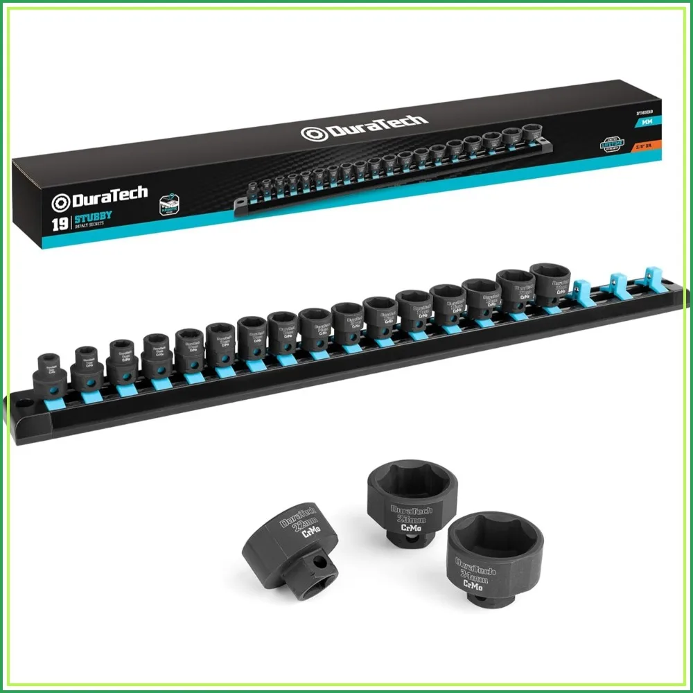 19-Piece Stubby Impact Socket Set, 3/8" Drive, Metric 6-24mm, Cr-Mo Steel, Low Profile, Magnetic Rail
19-Piece Stubby Impact Socket Set, 3/8" Drive, Metric 6-24mm, Cr-Mo Steel, Low Profile, Magnetic Rail