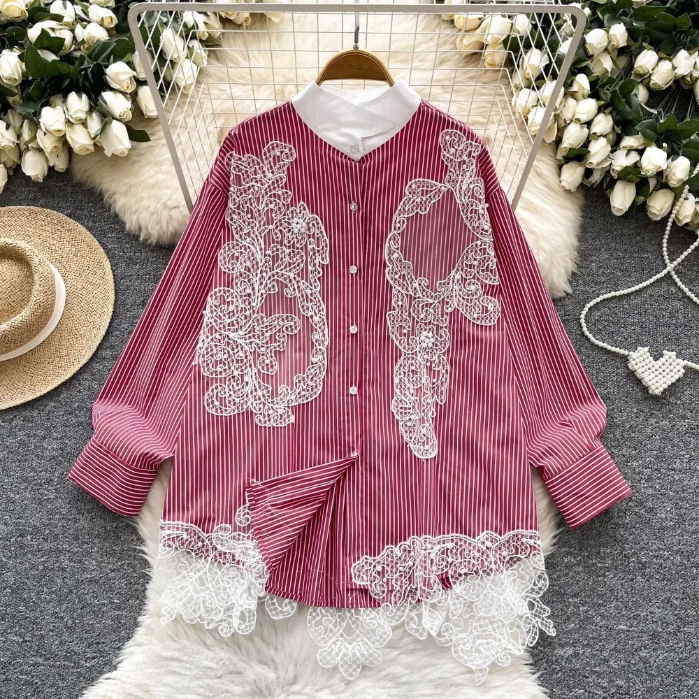 Basics Embroidered Beads Lace Fashion Striped Casual Long Sleeves Loose Top Korean Streetwear High Street Spring Women Blouse
Basics Embroidered Beads Lace Fashion Striped Casual Long Sleeves Loose Top Korean Streetwear High Street Spring Women Blouse