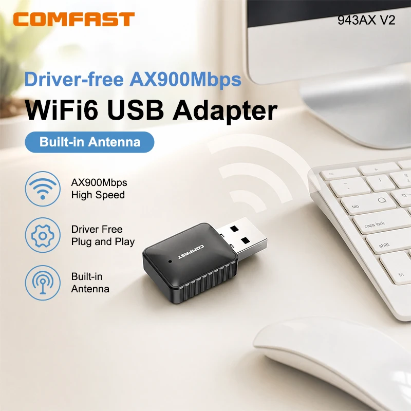 COMFAST CF-943AX V2 AX900 WiFi6 FreeDrive USB Adapter Dual Band 2.4G/5.8GHz 900Mbps Wireless Dongle Network Card for Win7/10/11
COMFAST CF-943AX V2 AX900 WiFi6 FreeDrive USB Adapter Dual Band 2.4G/5.8GHz 900Mbps Wireless Dongle Network Card for Win7/10/11