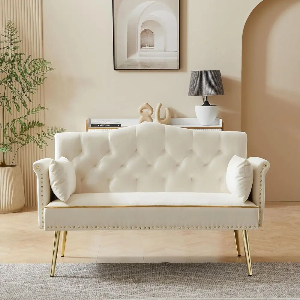 55 Velvet Loveseat Sofa with Gold Legs and Side Pockets, Tufted Backrest, Ideal for Living Room, Bedroom, or Office (Beige)
55 Velvet Loveseat Sofa with Gold Legs and Side Pockets, Tufted Backrest, Ideal for Living Room, Bedroom, or Office (Beige)
