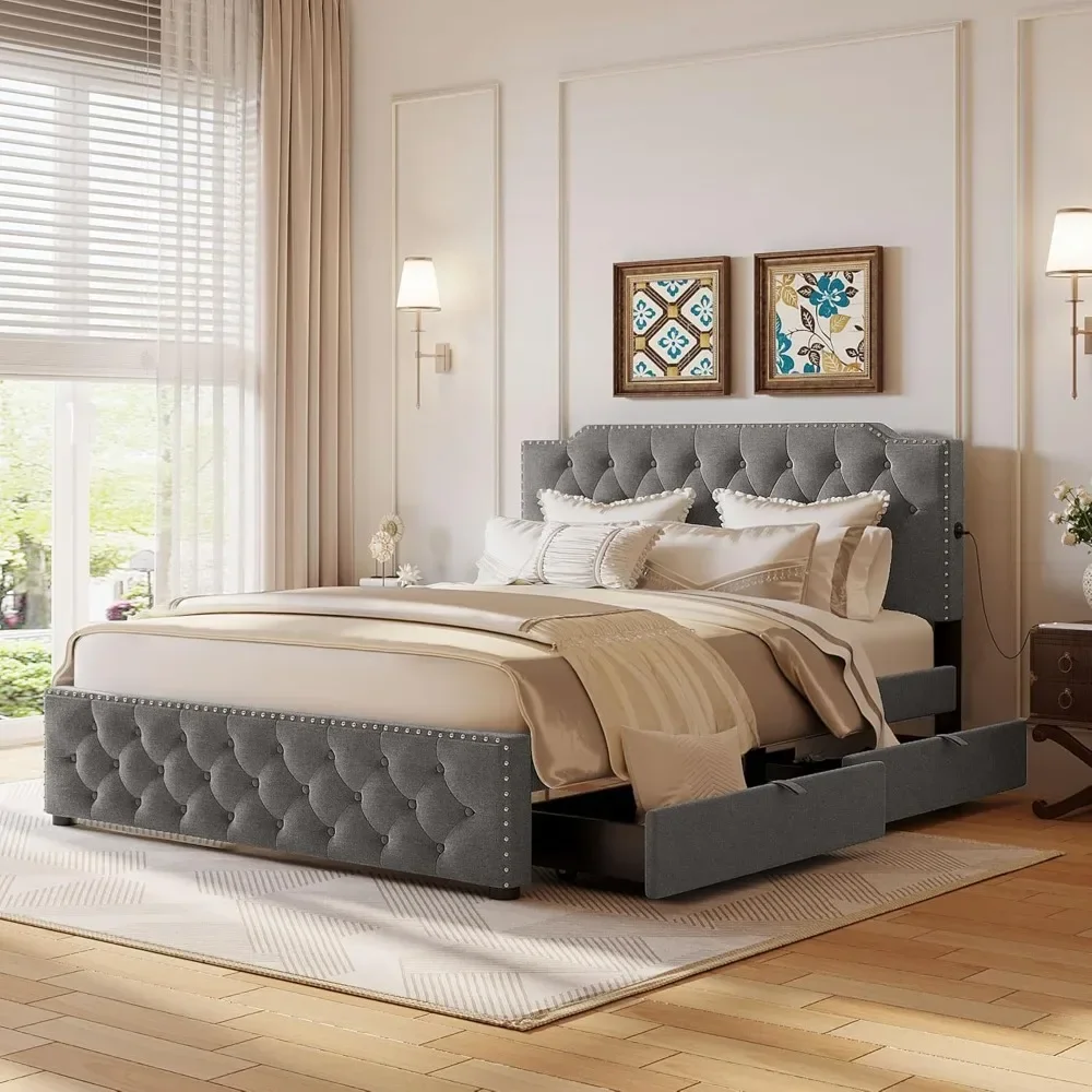 Modern Tufted Queen Platform Bed with 2 Drawers & USB Charger - Upholstered Linen Frame, No Box Spring Required
Modern Tufted Queen Platform Bed with 2 Drawers & USB Charger - Upholstered Linen Frame, No Box Spring Required