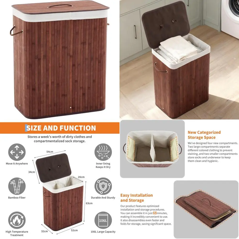 Бамбуковая корзина для белья большой емкости со съемной подкладкой и 4 отделениями, складная корзина для хранения с крышкой и ручками для кровати
Бамбуковая корзина для белья большой емкости со съемной подкладкой и 4 отделениями, складная корзина для хранения с крышкой и ручками для кровати