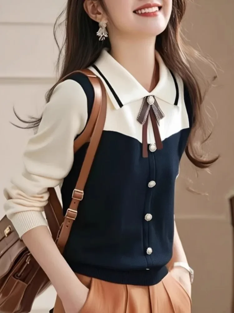 Korean Sweet Bow Office Lady Women Knit Pullover Sweater Spring Winter Versatile Color Blocking Slim Tweed Top for Sensibility
Korean Sweet Bow Office Lady Women Knit Pullover Sweater Spring Winter Versatile Color Blocking Slim Tweed Top for Sensibility