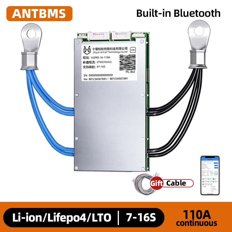 Smart ANT BMS 7S 8S 10S 12S 16S Li-ion Lifepo4 LTO Battery 24V 36V 48V 60V continuous 110A peak 275A smart balance Built-in
Smart ANT BMS 7S 8S 10S 12S 16S Li-ion Lifepo4 LTO Battery 24V 36V 48V 60V continuous 110A peak 275A smart balance Built-in