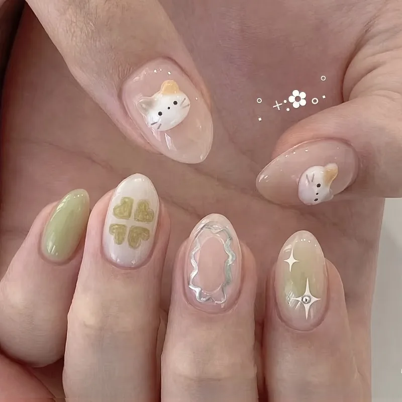 24PCS 3D Cartoon Cat Cute Almond Press on Nails Simple Light Green Blush Fake Nails Silver Star French Wearable Manicure Fashion
24PCS 3D Cartoon Cat Cute Almond Press on Nails Simple Light Green Blush Fake Nails Silver Star French Wearable Manicure Fashion