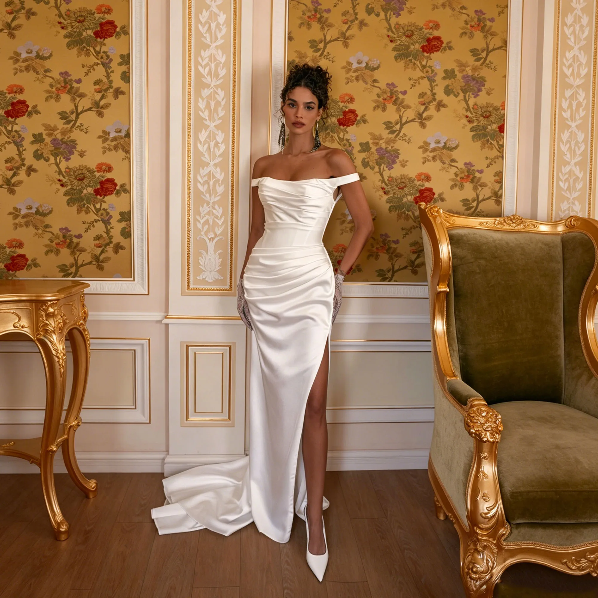 Elegant Off Shoulder Satin Wedding Dress Mermaid Pleated Bridal Gown With Slit Corset Back Simple White Bride Dress
Elegant Off Shoulder Satin Wedding Dress Mermaid Pleated Bridal Gown With Slit Corset Back Simple White Bride Dress