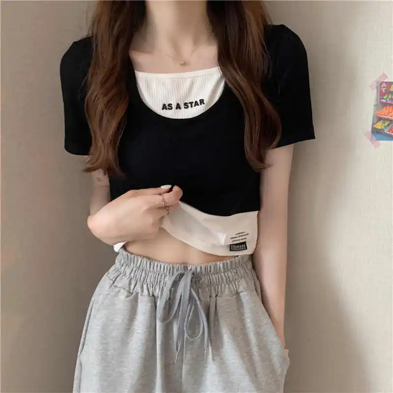 Women Fake Two Pieces T-shirt Summer Round Neck Short Sleeve Female Patchwork Top Casual Fashion Letter Printed Tees
Women Fake Two Pieces T-shirt Summer Round Neck Short Sleeve Female Patchwork Top Casual Fashion Letter Printed Tees