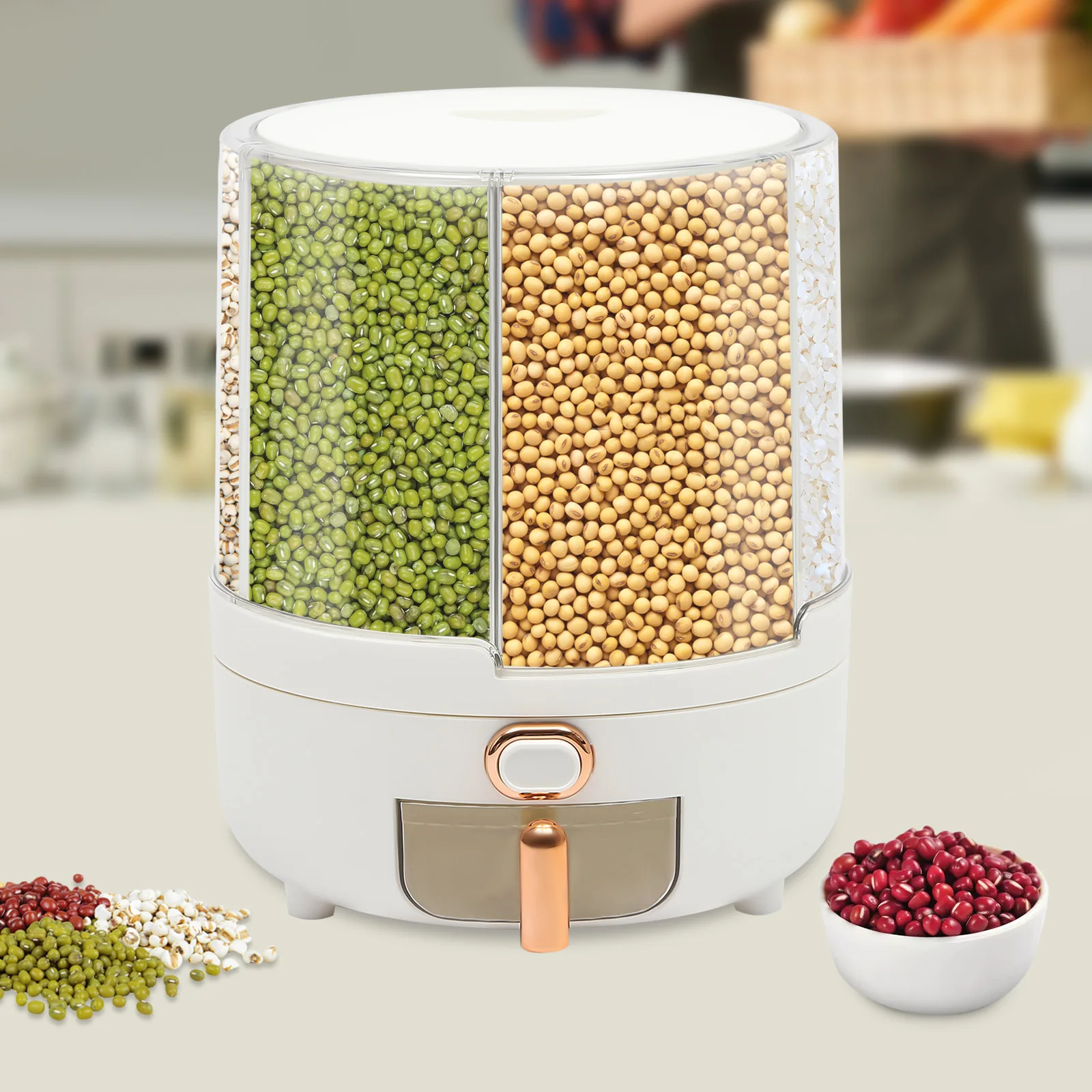 Rice Dispenser Rotating Dry Food Dispenser Kitchen Grain Storage Container with 6 Compartments Holder for Rice and Beans (White)
Rice Dispenser Rotating Dry Food Dispenser Kitchen Grain Storage Container with 6 Compartments Holder for Rice and Beans (White)