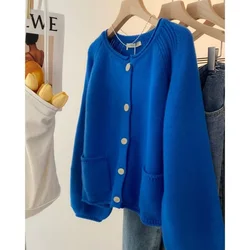 Blue Knitted Cardigan Sweater Jacket For Women Early Spring Design Sensibility Nichelantern Sleeve Top Outerwear Crew Neck Blue Knitted Cardigan Sweater Jacket For Women Early Spring Design Sensibility Nichelantern Sleeve Top Outerwear Crew Neck