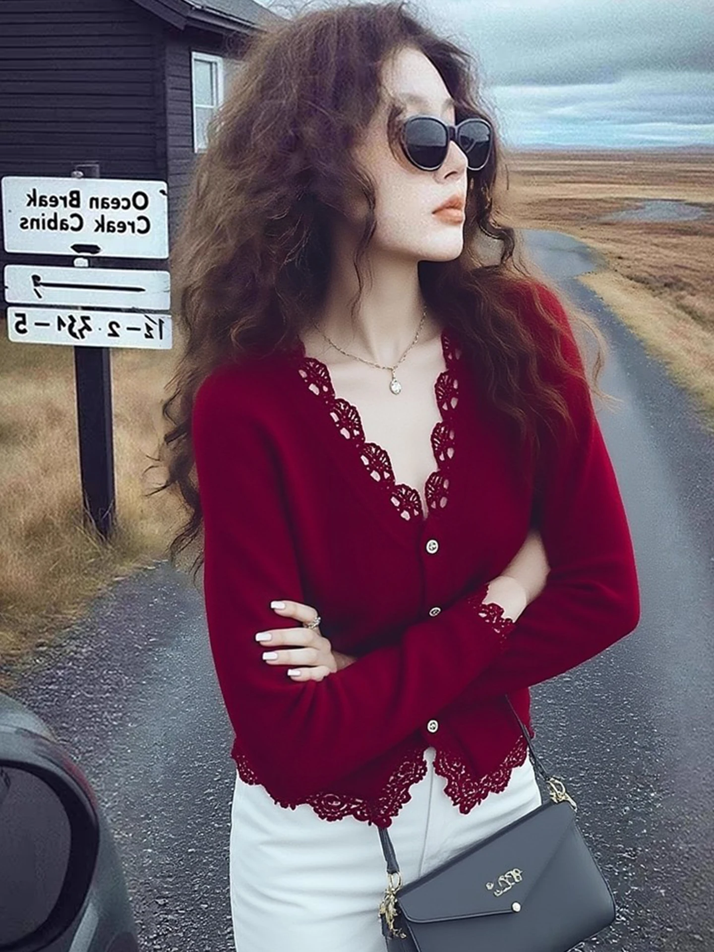 Cherry Red Long Sleeve Knitted V Neck Lace Trim Light Maturity Style Women's Fashionable Winter Top Soft Loose Fit Knitwear
Cherry Red Long Sleeve Knitted V Neck Lace Trim Light Maturity Style Women's Fashionable Winter Top Soft Loose Fit Knitwear