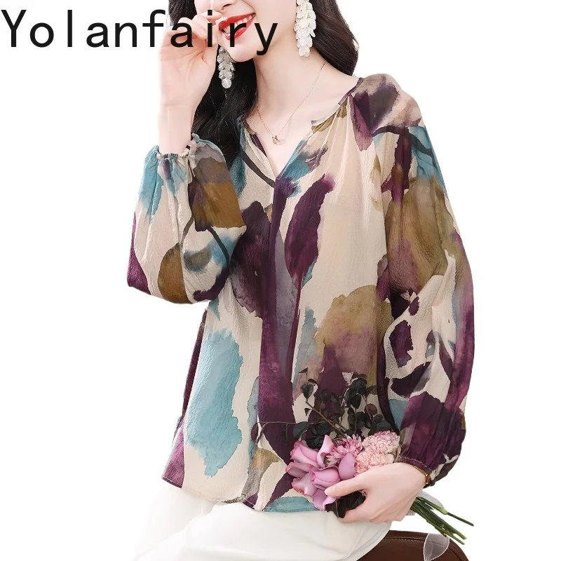 YOLANFAIRY Модная женская блузка из 100% натурального шелка тутового шелкопряда, весенне-летняя свободная рубашка с принтом, элегантный топ с V-образным вырезом, женская футболка
YOLANFAIRY Модная женская блузка из 100% натурального шелка тутового шелкопряда, весенне-летняя свободная рубашка с принтом, элегантный топ с V-образным вырезом, женская футболка