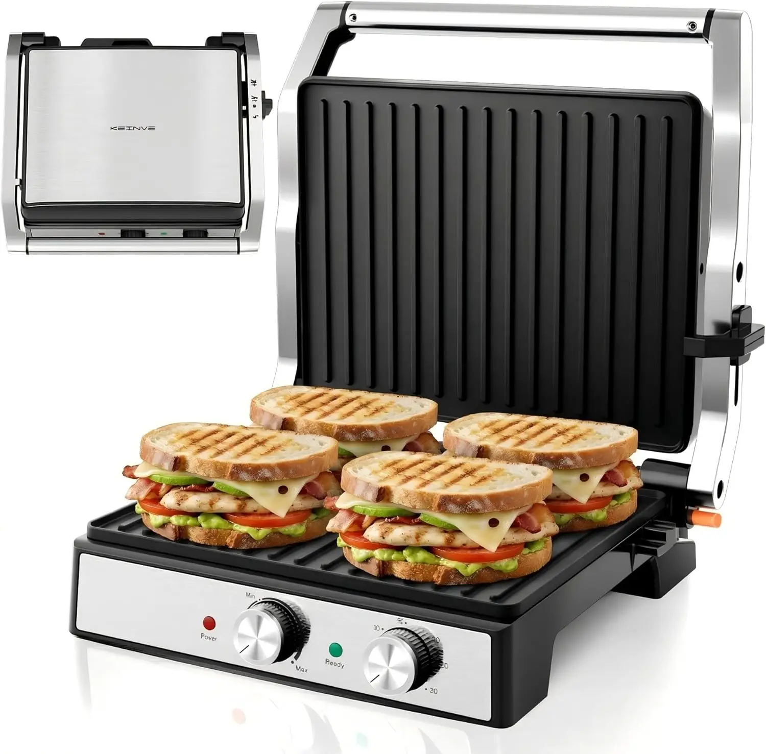 1600W Panini Press & Sandwich Maker, Temp & Time Control, 4 Slice Non-Stick Grill, Opens 180°
1600W Panini Press & Sandwich Maker, Temp & Time Control, 4 Slice Non-Stick Grill, Opens 180°