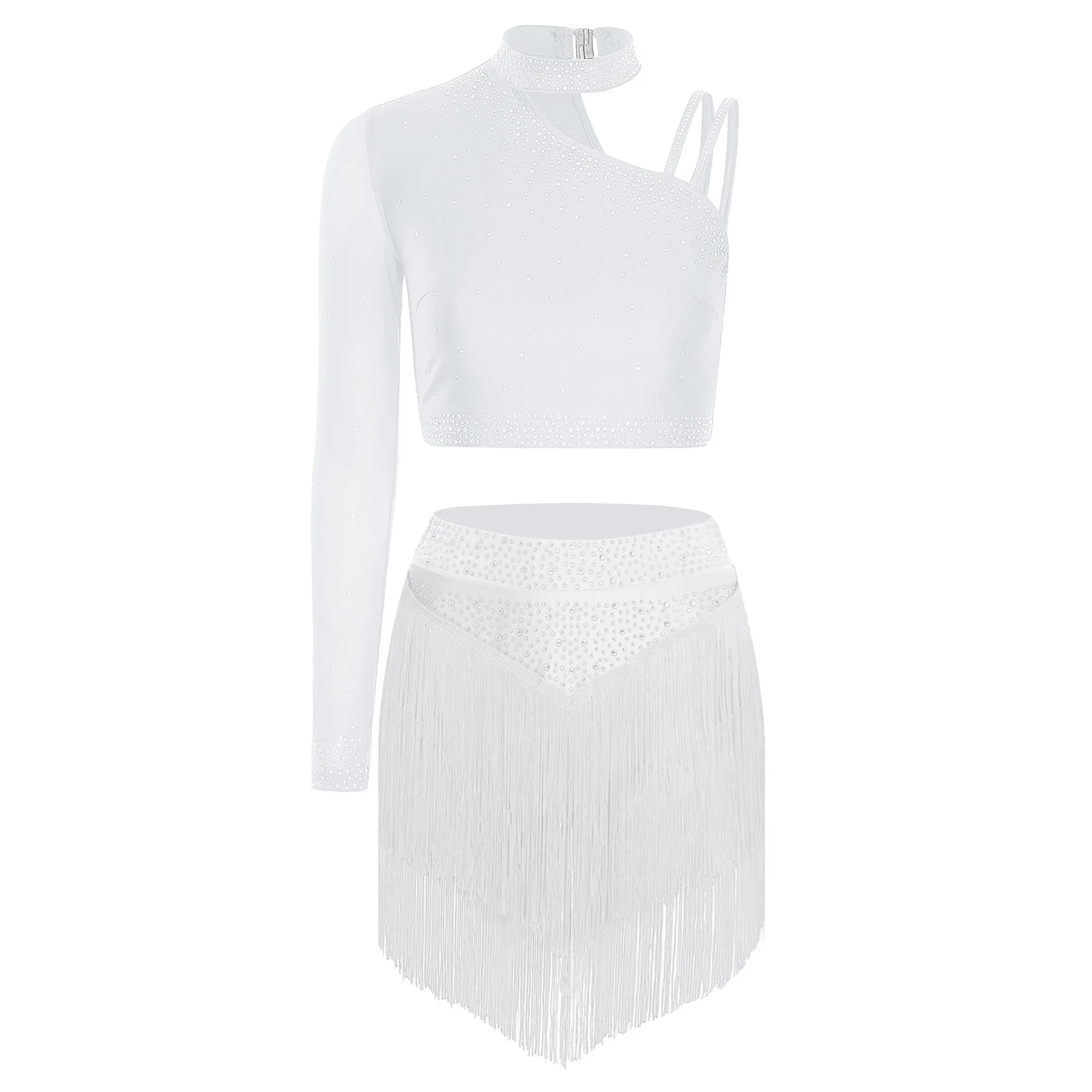 Womens Salsa Tango Dance Outfit Single Long Sleeve Rhinestone Top with Tiered Tassel Skirt Elegant Latin Cha Cha Dance Clothes
Womens Salsa Tango Dance Outfit Single Long Sleeve Rhinestone Top with Tiered Tassel Skirt Elegant Latin Cha Cha Dance Clothes