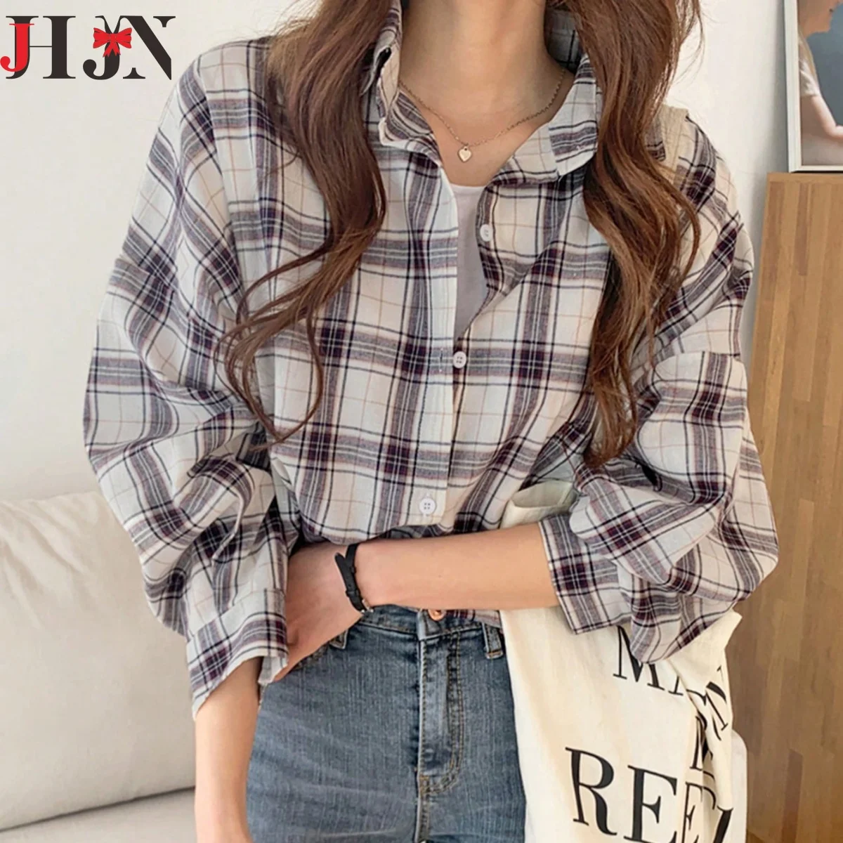 JHJNWomen's Blouse Retro Style Lapel Loose Shirt 2025 Autumn Plaid Long-sleeve Pocket Shirt For Women Shirts Top Рубашки Женские
JHJNWomen's Blouse Retro Style Lapel Loose Shirt 2025 Autumn Plaid Long-sleeve Pocket Shirt For Women Shirts Top Рубашки Женские