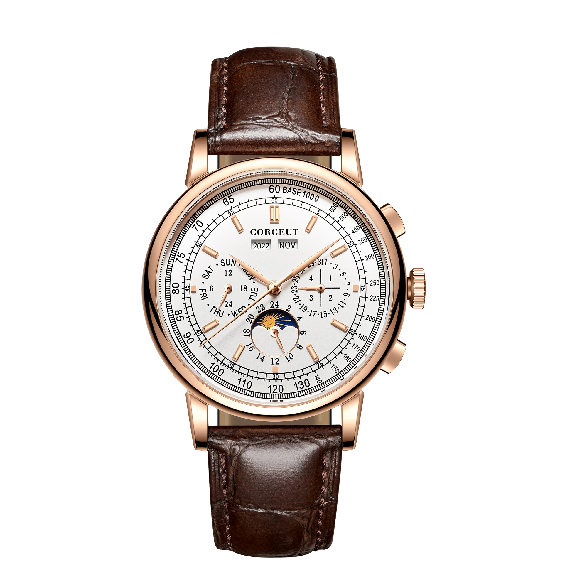 42mm Sterile Automatic Mens Watch Moon Phase Day Date Month Year Week Corgeut Multifunction 316L Leather Strap White/Black
42mm Sterile Automatic Mens Watch Moon Phase Day Date Month Year Week Corgeut Multifunction 316L Leather Strap White/Black