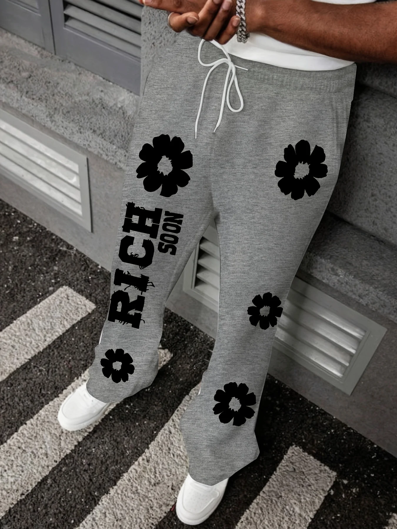 Men's Casual Sport Trousers - Black Floral Print and RICH SON Letter Design, Light Grey Loose Waistband Drawstring Cuffs
Men's Casual Sport Trousers - Black Floral Print and RICH SON Letter Design, Light Grey Loose Waistband Drawstring Cuffs