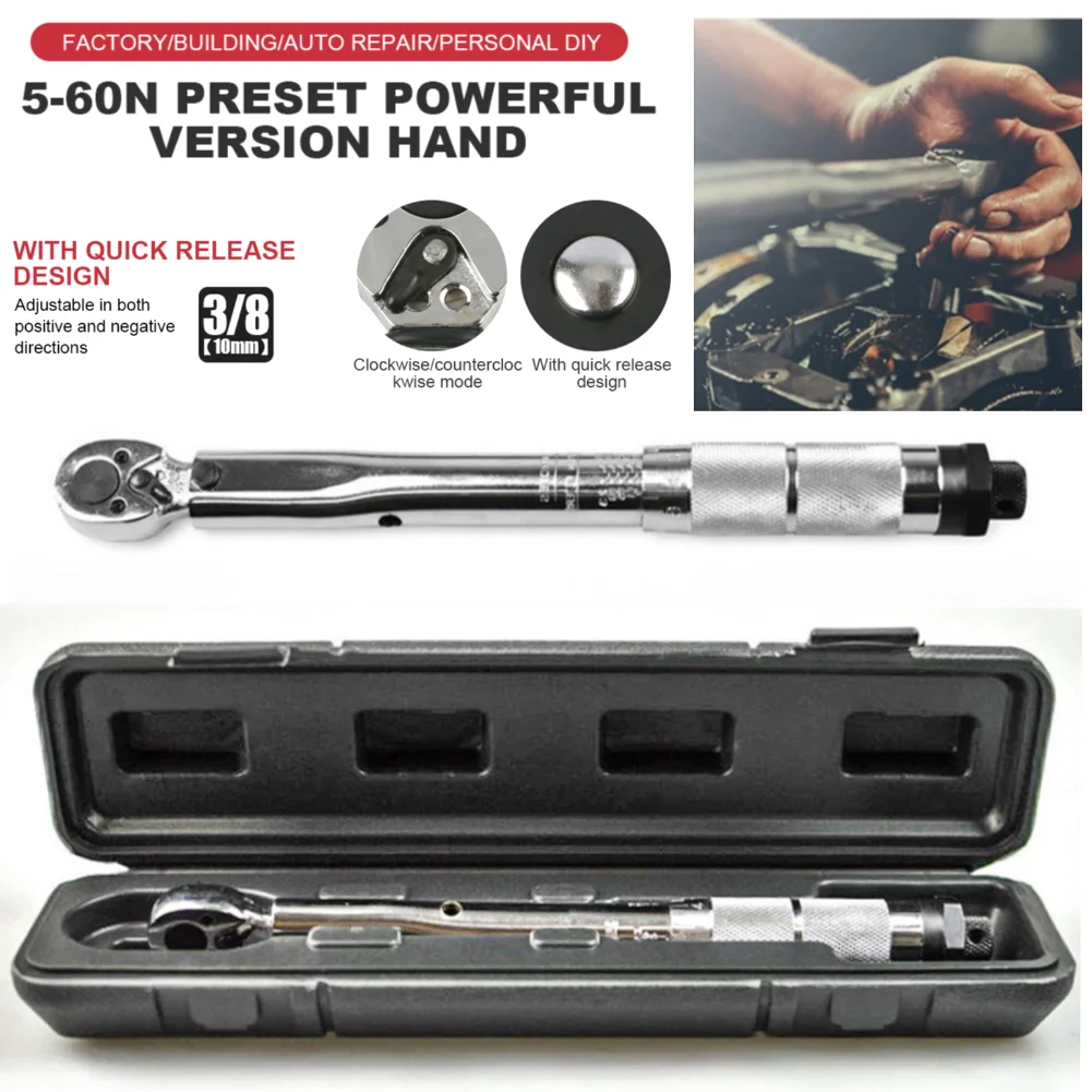 5-60N.m Reversible Ratchet Key 3/8 Inch Adjustable Torques Key Square Drive Ratchet Torque Wrench Precise Preset Car Repair Tool
5-60N.m Reversible Ratchet Key 3/8 Inch Adjustable Torques Key Square Drive Ratchet Torque Wrench Precise Preset Car Repair Tool