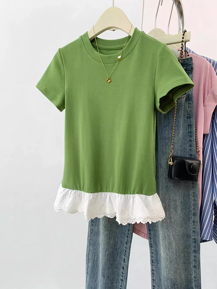 Fashion Lace Patchwork Short Sleeve T-shirt Women's Summer New Solid Color Casual Tops Versatile Round Neck T-Shirts
Fashion Lace Patchwork Short Sleeve T-shirt Women's Summer New Solid Color Casual Tops Versatile Round Neck T-Shirts