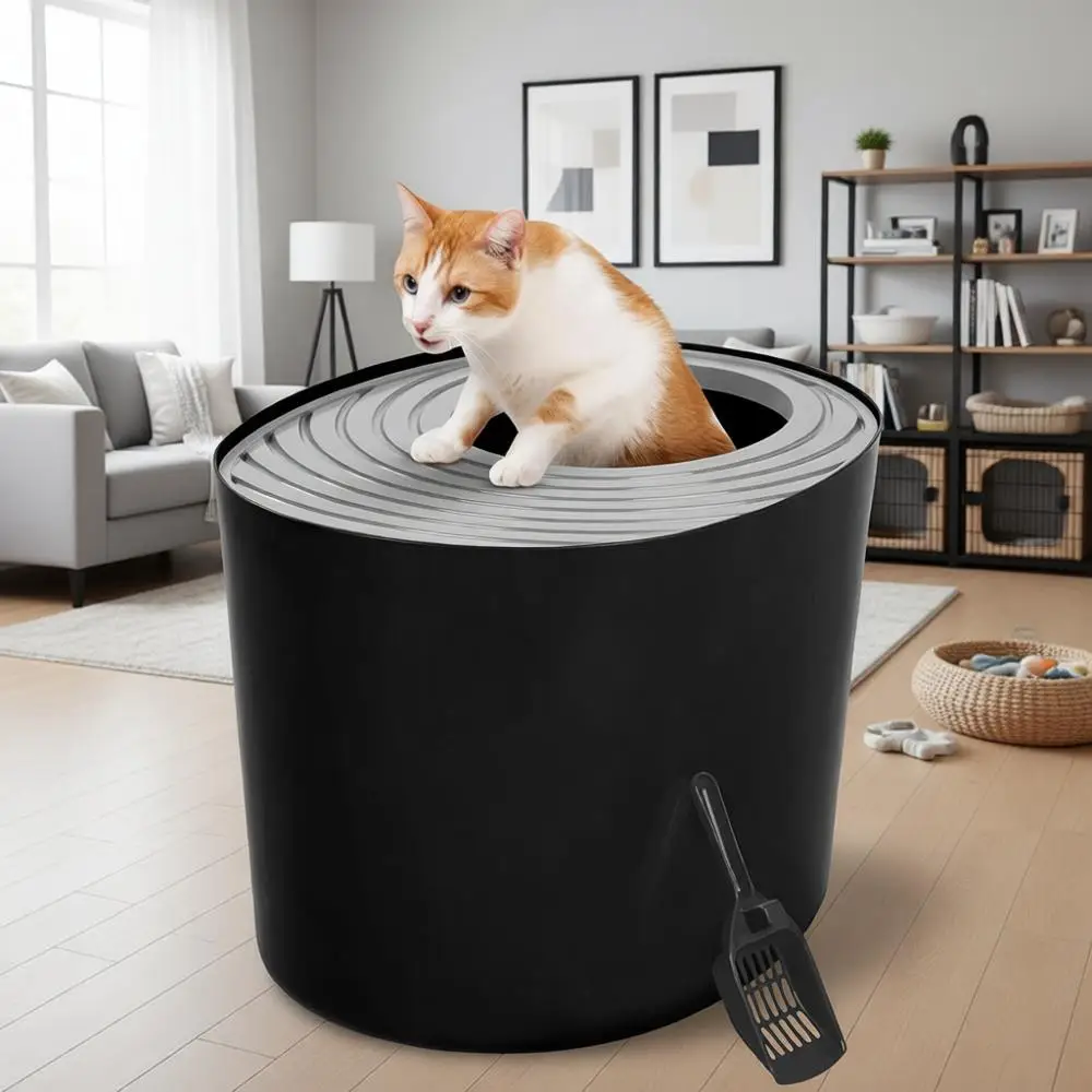 Top Entry Cat Litter Box with Scoop, Stylish Round Enclosure, Black/Gray
Top Entry Cat Litter Box with Scoop, Stylish Round Enclosure, Black/Gray