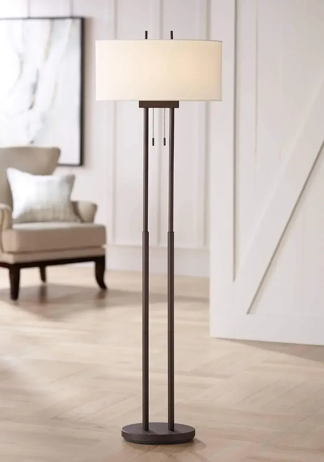Franklin Iron Works Roscoe Modern Standing Floor Lamp 62" Tall Oil Rubbed Bronze Brown Twin Poles White Fabric Hardback Oval Sha
Franklin Iron Works Roscoe Modern Standing Floor Lamp 62" Tall Oil Rubbed Bronze Brown Twin Poles White Fabric Hardback Oval Sha