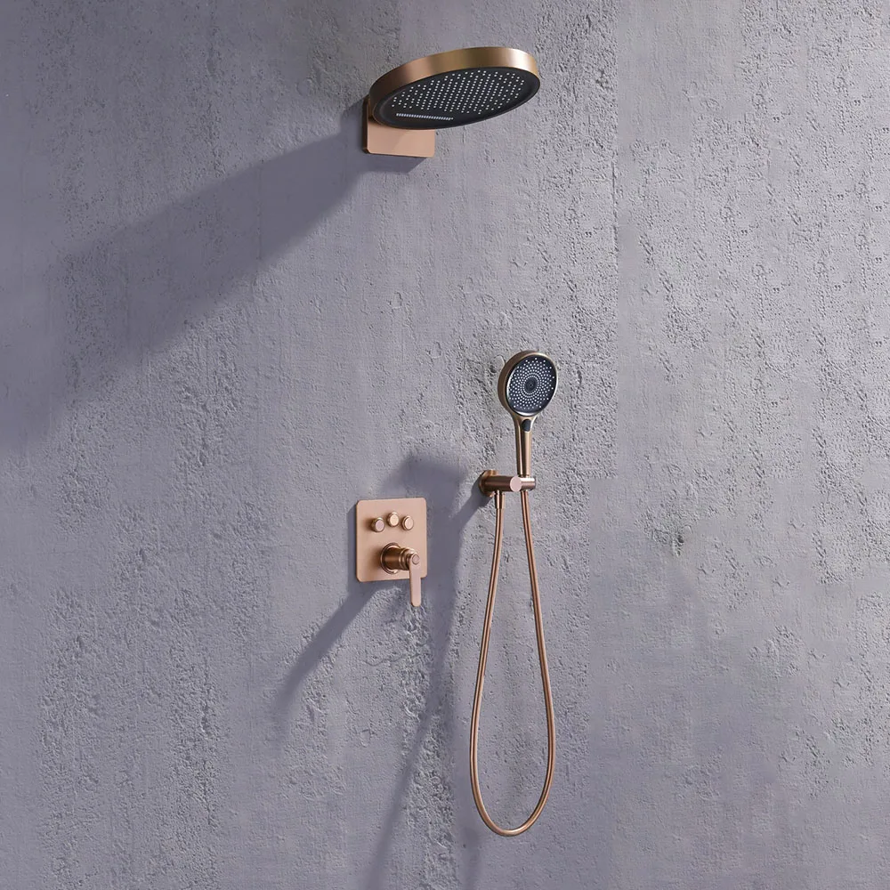 Brushed Rose Gold Concealed Shower System 3-Function Brass Hot Cold Rain Shower Head Mixer for Bathroom
Brushed Rose Gold Concealed Shower System 3-Function Brass Hot Cold Rain Shower Head Mixer for Bathroom