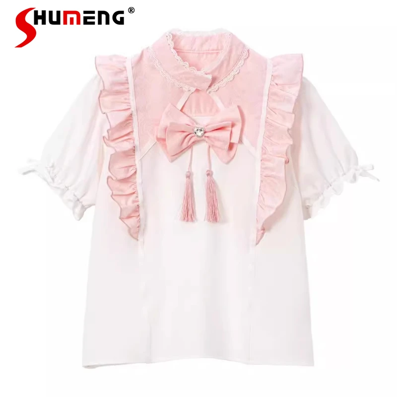 New Japanese Sweet Ladies Bow Blouse Chinese Style Fringed Bare Chest Sexy Bubble Short Sleeves Ruffle Edge Versatile Shirt Top
New Japanese Sweet Ladies Bow Blouse Chinese Style Fringed Bare Chest Sexy Bubble Short Sleeves Ruffle Edge Versatile Shirt Top
