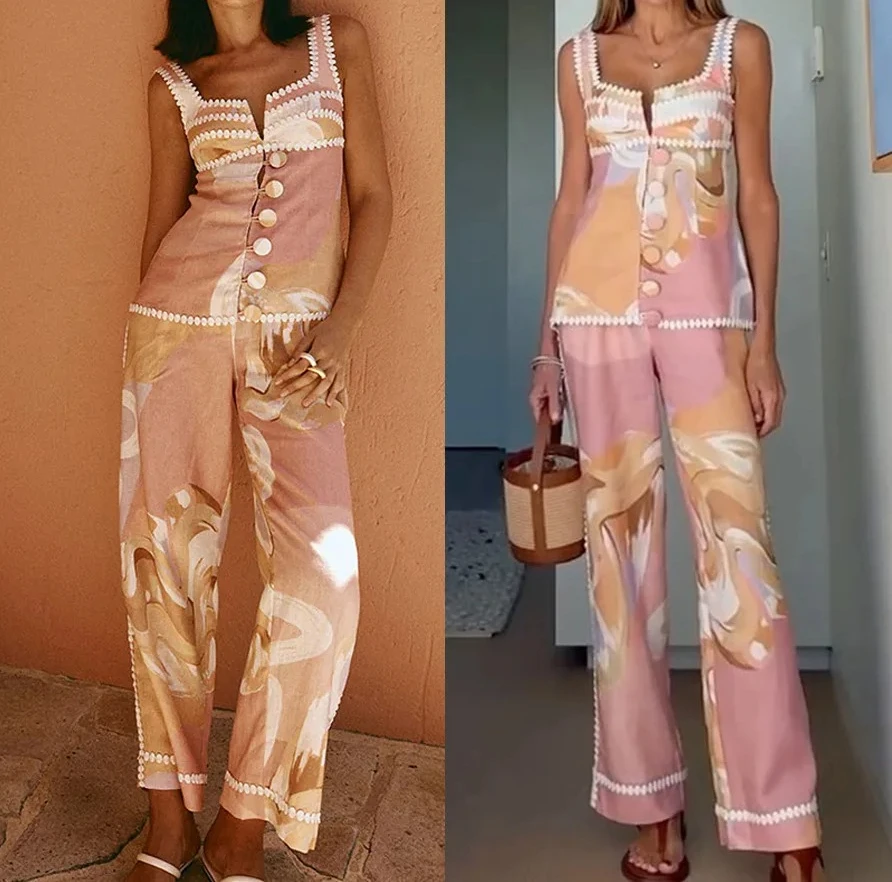 Летние богемные повседневные женские принты с карманами и пуговицами, тонкие наряды, сексуальный жилет без рукавов с лямкой на шее, прямые брюки
Летние богемные повседневные женские принты с карманами и пуговицами, тонкие наряды, сексуальный жилет без рукавов с лямкой на шее, прямые брюки