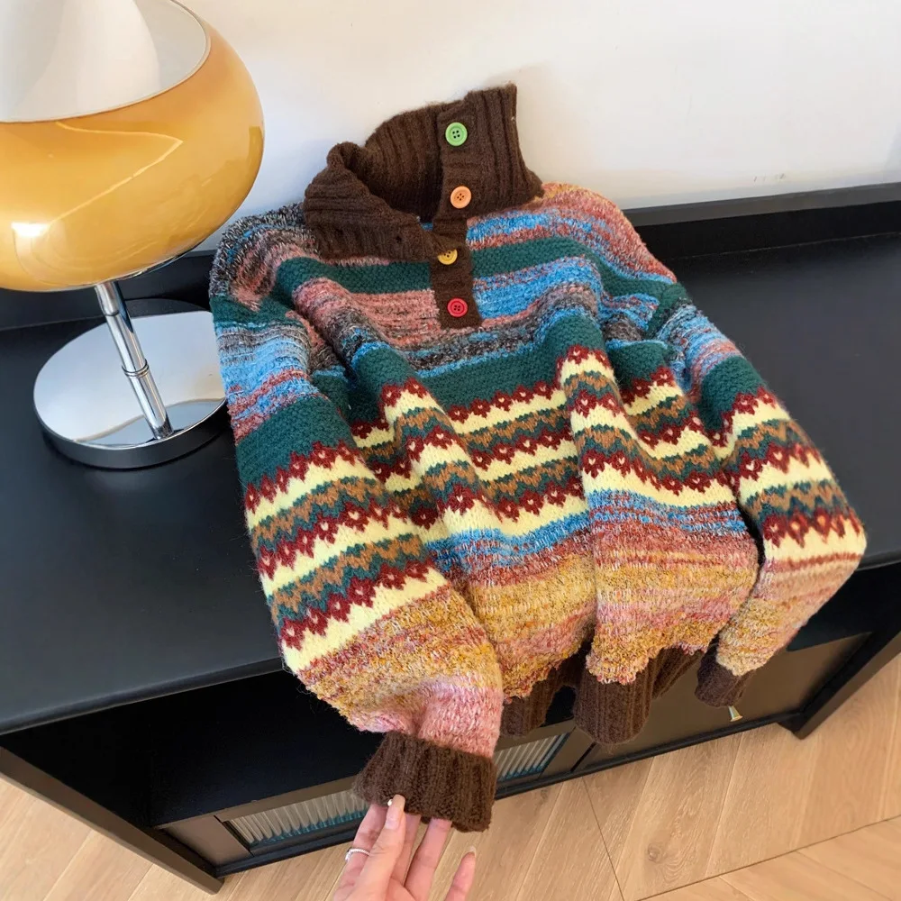 Цветной полосатый свитер для женщин, весна-осень, новый утолщенный трикотаж, с отложным воротником, свободный крой, пуловер
Цветной полосатый свитер для женщин, весна-осень, новый утолщенный трикотаж, с отложным воротником, свободный крой, пуловер
