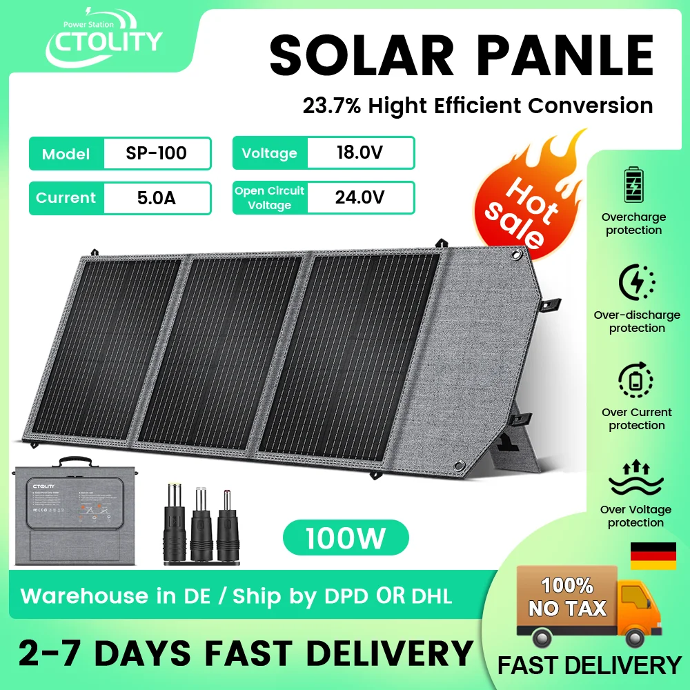 CTOLITY SP100 100W Foldable Solar Panel IP65 Waterproof Portable Charger for Power Station Camping RV Outdoor Emergency Use
CTOLITY SP100 100W Foldable Solar Panel IP65 Waterproof Portable Charger for Power Station Camping RV Outdoor Emergency Use