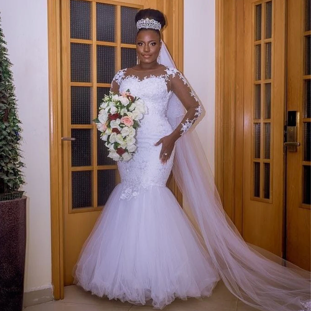 White Mermaid Wedding Dresses for Women Bride Scoop Long Sleeve Lace Tulle Nigerian Bridal Gown robes de mariee Customized
White Mermaid Wedding Dresses for Women Bride Scoop Long Sleeve Lace Tulle Nigerian Bridal Gown robes de mariee Customized