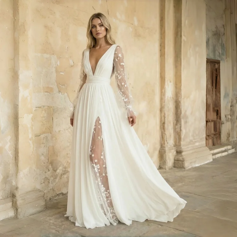 Long Sleeve Boho Flowy Wedding Dress Lace Chiffon A-Line V-Neck Beach Gown with Split Front and Sweep Train Customizable 2026
Long Sleeve Boho Flowy Wedding Dress Lace Chiffon A-Line V-Neck Beach Gown with Split Front and Sweep Train Customizable 2026