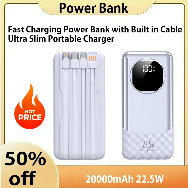 20000mAh 22.5W Fast Charging Power Bank with Built in Cable Ultra Slim Portable Charger
20000mAh 22.5W Fast Charging Power Bank with Built in Cable Ultra Slim Portable Charger