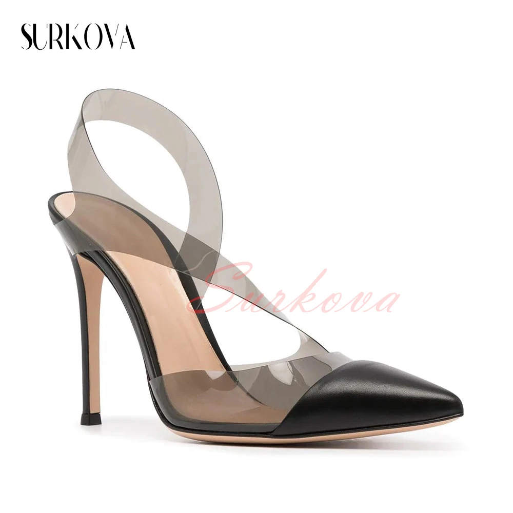 Transparent Pvc Stitching Leather High Heels Pumps for Women Pointed Toe Side Empty Rear Strap Back Heel Strap Thin Heels Shoes
Transparent Pvc Stitching Leather High Heels Pumps for Women Pointed Toe Side Empty Rear Strap Back Heel Strap Thin Heels Shoes