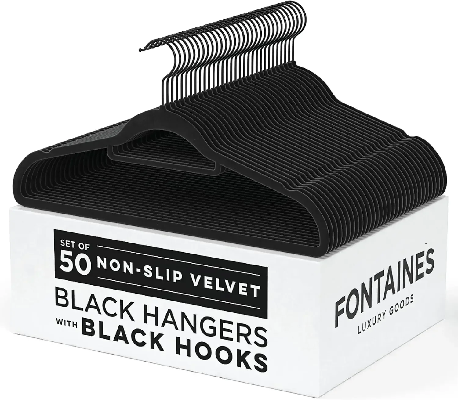 Fontaines Luxury Black Velvet Felt Non Slip Clothes Hangers 50 Pack - Ultra Slim & Space Saving - Heavy Duty Swivel Black Hook
Fontaines Luxury Black Velvet Felt Non Slip Clothes Hangers 50 Pack - Ultra Slim & Space Saving - Heavy Duty Swivel Black Hook