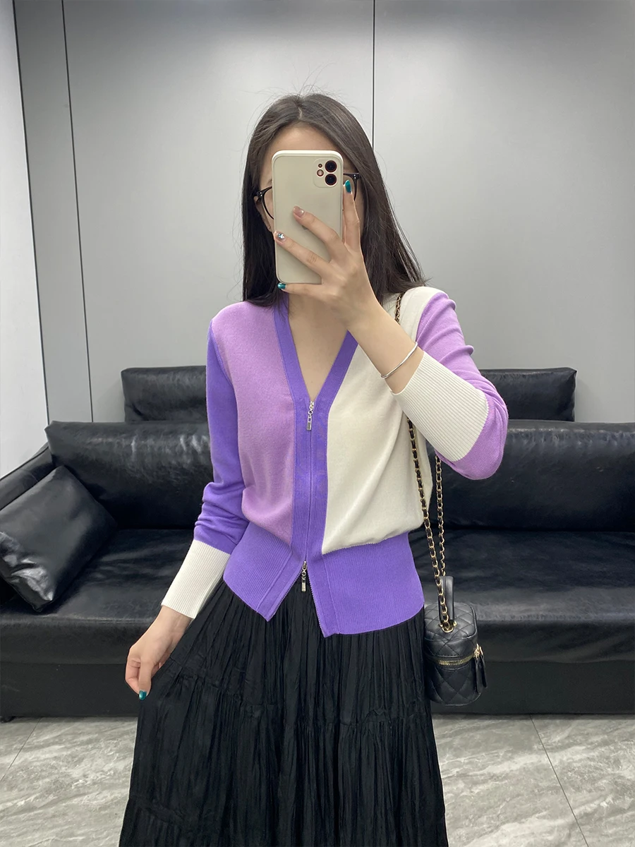 100% Wool V-Neck Double Zipper Knitted Cardigan Women's Short Style Casual Sweater Jacket Color Block Casual Knitwear
100% Wool V-Neck Double Zipper Knitted Cardigan Women's Short Style Casual Sweater Jacket Color Block Casual Knitwear