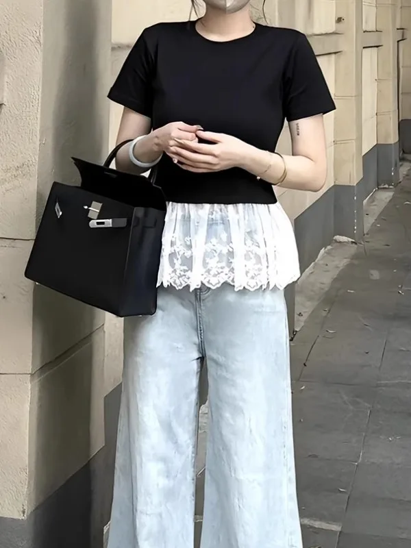 plus Size Lace Patchwork Hem ort Sve T-irt Korean Sle Loose Fit oulder Line round Ne Casual Summer Top for Women
plus Size Lace Patchwork Hem ort Sve T-irt Korean Sle Loose Fit oulder Line round Ne Casual Summer Top for Women