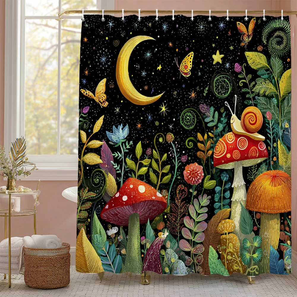 Plants, flowers, starry sky and mushroom house printing Shower Curtain, Bathroom Decorative cartoon Shower Curtain, with Hooks 
Plants, flowers, starry sky and mushroom house printing Shower Curtain, Bathroom Decorative cartoon Shower Curtain, with Hooks