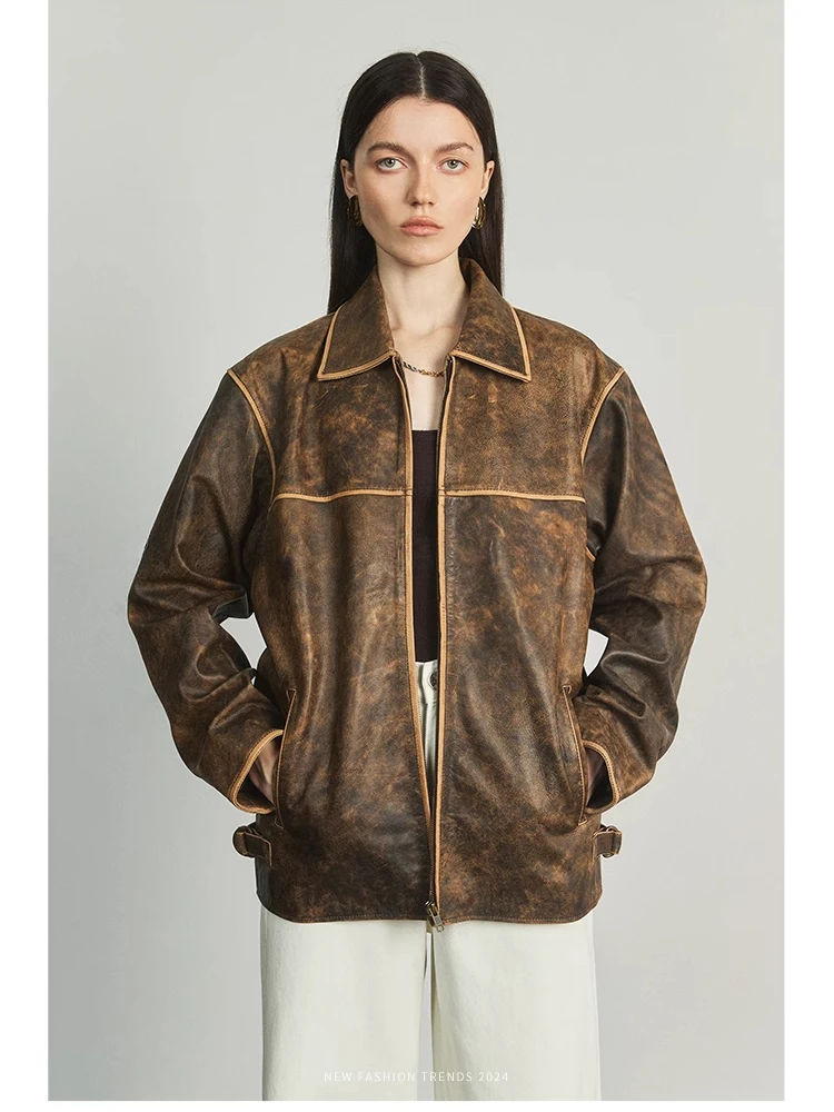 Retro Casual Genuine Leather Jackets for Women Spring Autumn 2026 New High-end Streetwear Simple Loose Real Cow Leather Jacket
Retro Casual Genuine Leather Jackets for Women Spring Autumn 2026 New High-end Streetwear Simple Loose Real Cow Leather Jacket