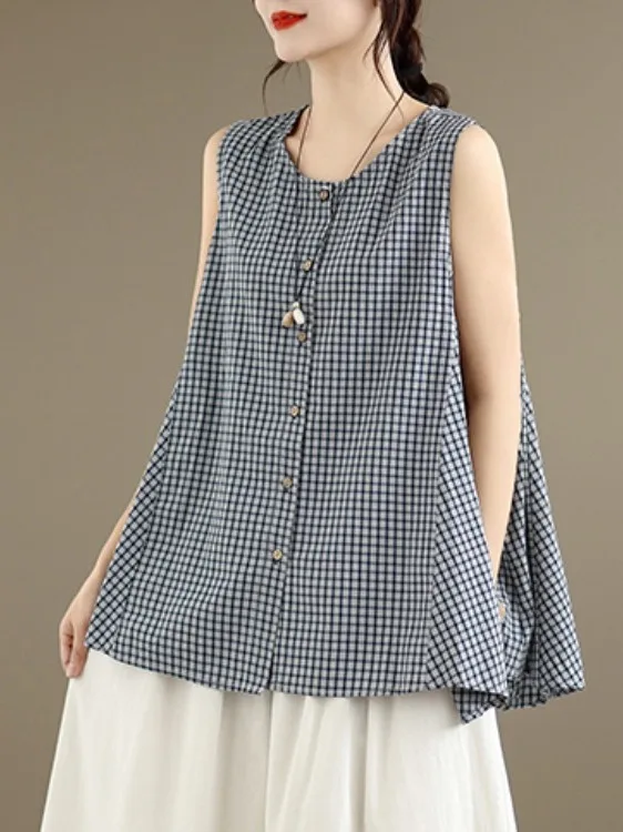 Summer 2026 Casual Loose Women's Vest Irregular Plaid Sleeveless round Neck Button up Top plus Size Fashion Commute Style
Summer 2026 Casual Loose Women's Vest Irregular Plaid Sleeveless round Neck Button up Top plus Size Fashion Commute Style