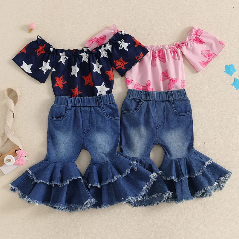 Independence Day Infant Baby Girls Clothes Suits Star Print Off Shoulder Short Sleeve Romper and Denim Flare Pants 2Pcs Set
Independence Day Infant Baby Girls Clothes Suits Star Print Off Shoulder Short Sleeve Romper and Denim Flare Pants 2Pcs Set
