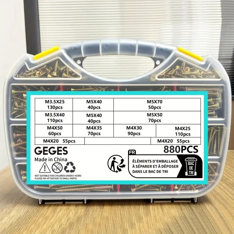 880 piece wood screw Combination Kit - galvanized carbon steel, flat head, cross drive, M3.5 / M4 / M5 size.
880 piece wood screw Combination Kit - galvanized carbon steel, flat head, cross drive, M3.5 / M4 / M5 size.
