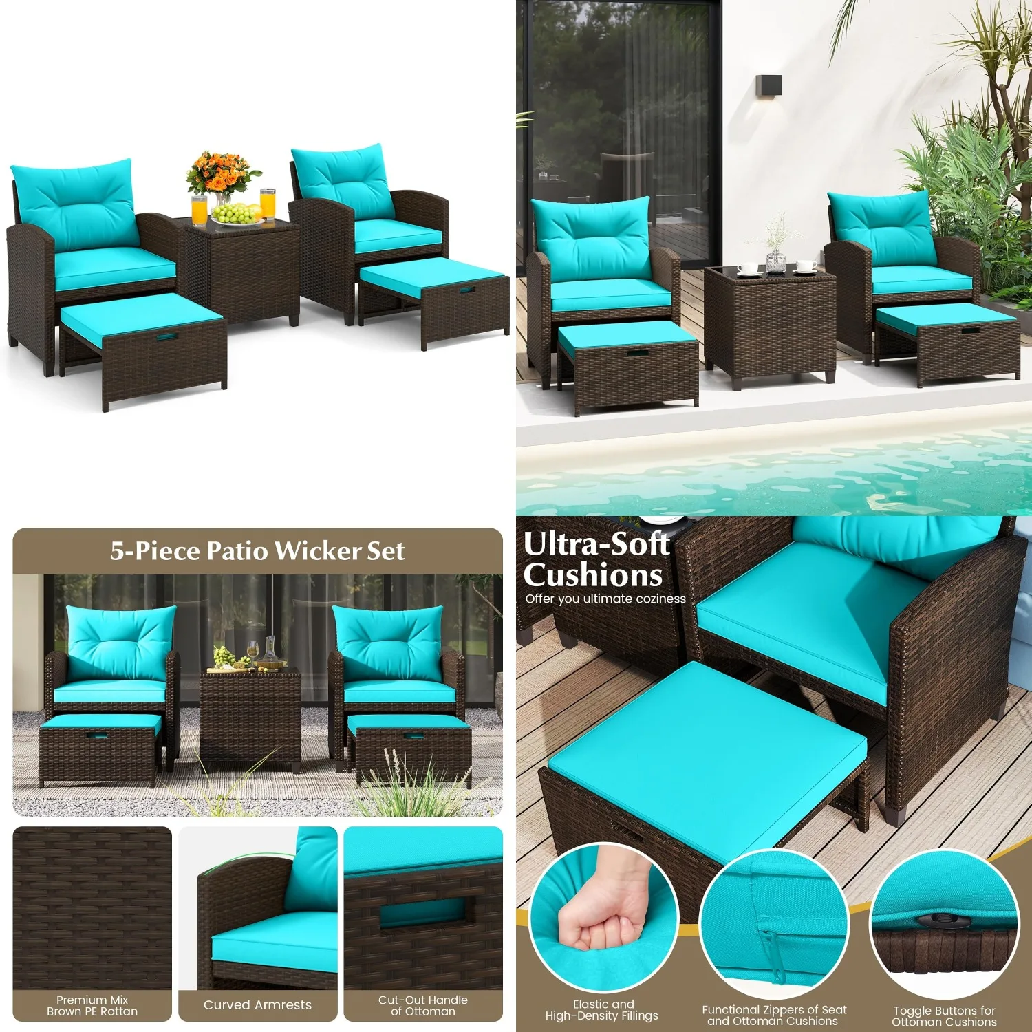 5pc Patio Set with Ottoman, Wicker Conversation Set with Table & Cushion, PE Rattan Outdoor Lounge Chair , Customized
5pc Patio Set with Ottoman, Wicker Conversation Set with Table & Cushion, PE Rattan Outdoor Lounge Chair , Customized