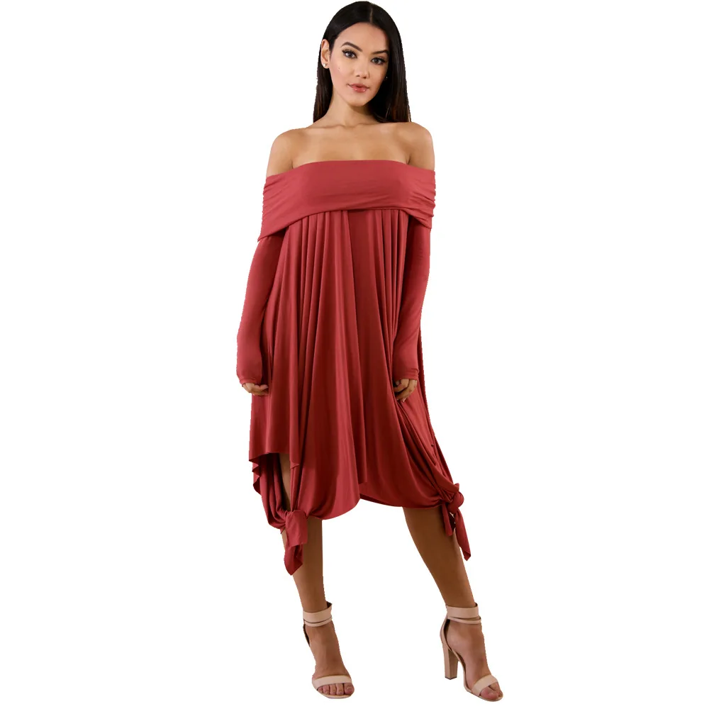 Ladies Elegant Dress Solid Color Off Shoulder Straight Neck Long Sleeve Irregular Ruffle Skirt Sexy Party Club Fashion Dresses
Ladies Elegant Dress Solid Color Off Shoulder Straight Neck Long Sleeve Irregular Ruffle Skirt Sexy Party Club Fashion Dresses